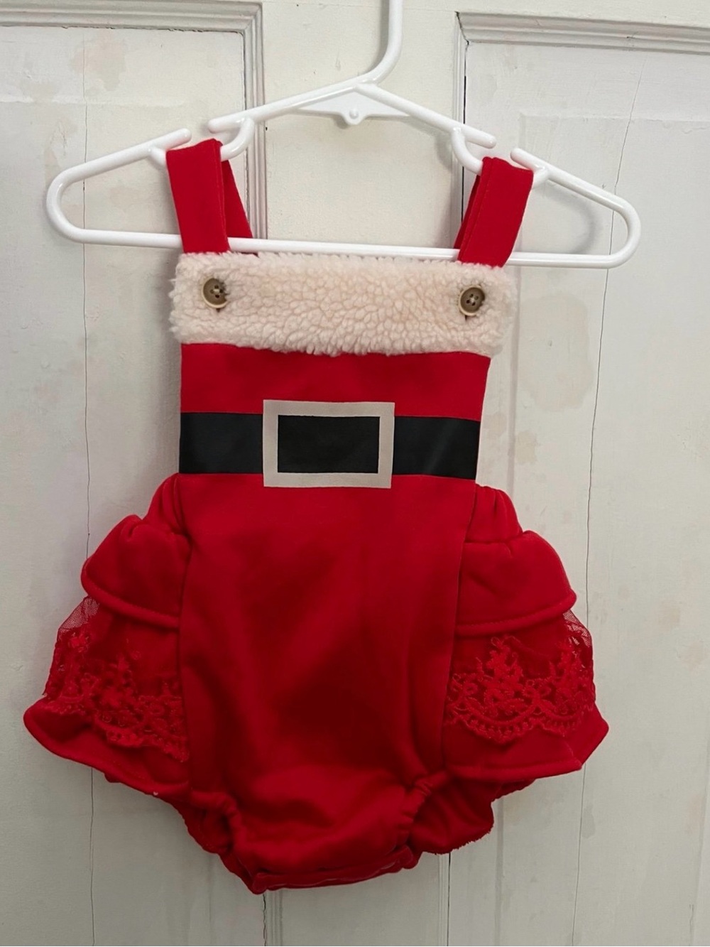 SHEIN Red Santa-Style Girls Romper with Faux Fur Trim